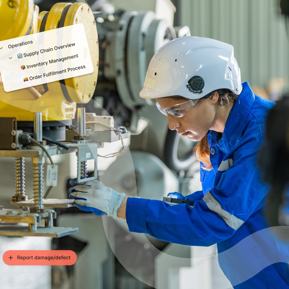 Frontline worker uses B2B-SaaS platform for Operations, Supply Chain, Inventory, defect reporting.