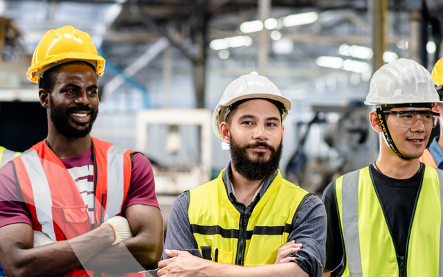 Image of three manufacturing workers in hard hats and high-vis vests, with one staring down the lens with crossed arms. All look happy.