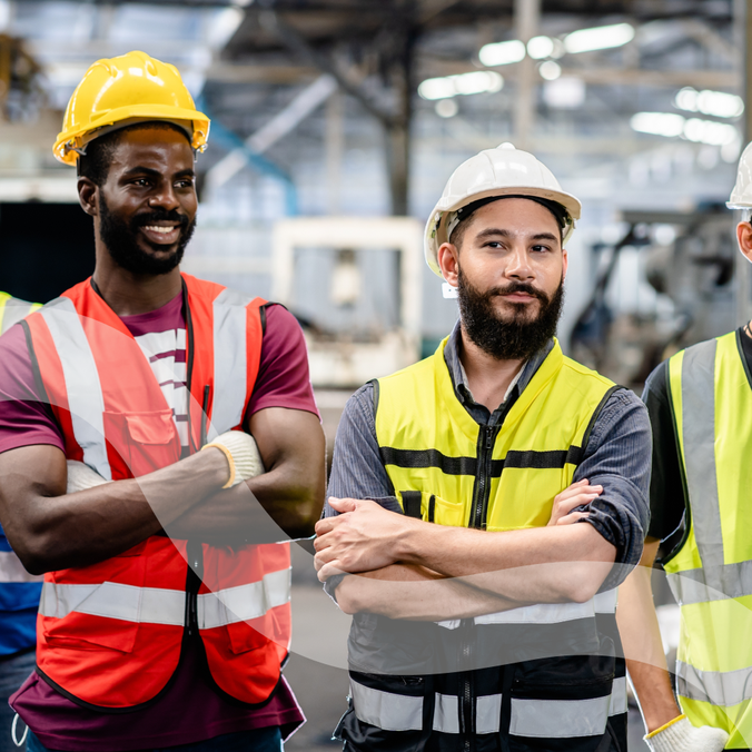 Three frontline workers in safety vests and helmets stand in a factory, smiling and confident.