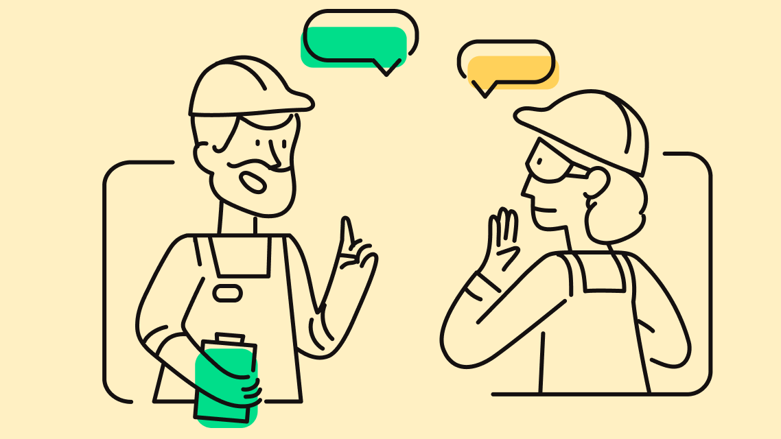 Two frontline workers in conversation, speech bubbles above, symbolizing employee engagement.