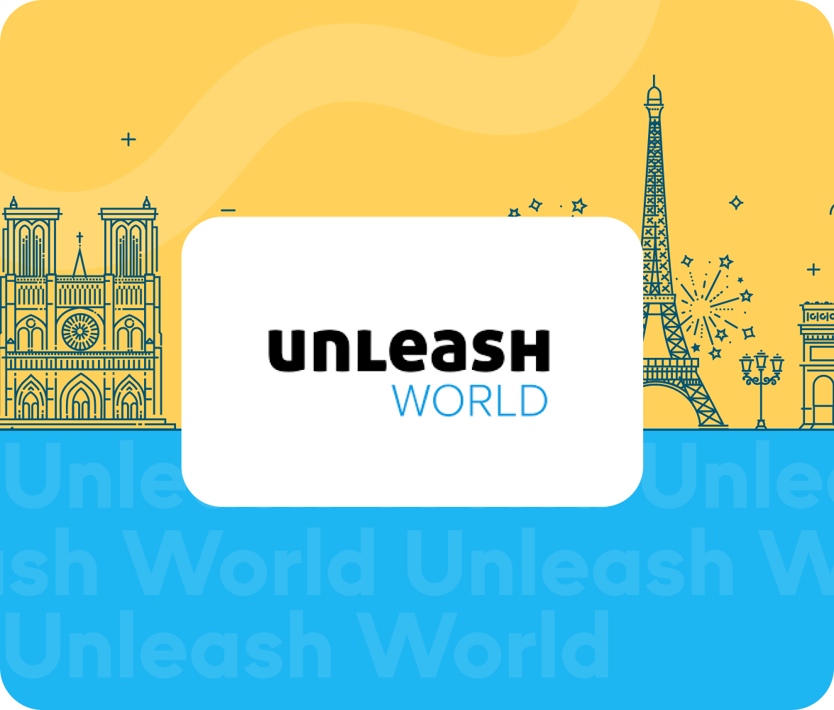 Unleash World logo with Paris landmarks, yellow and blue background, text: Unleash World.