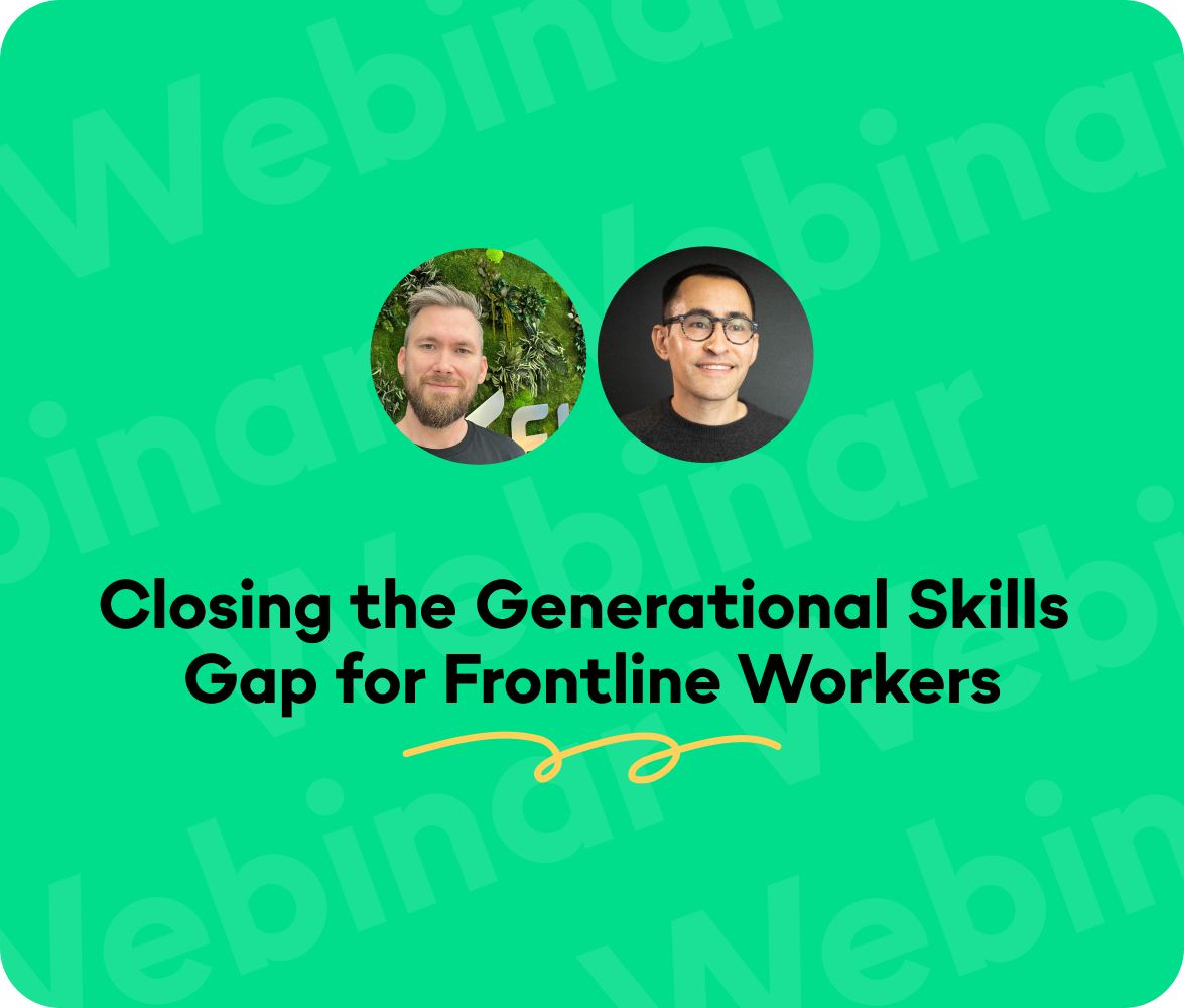 Webinar card: Closing the Generational Skills Gap for Frontline Workers with two speaker photos.
