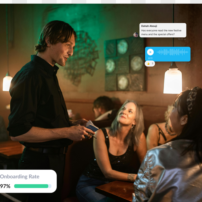 Waiter interacting with customers in a restaurant, text overlay: Onboarding Rate 97%.