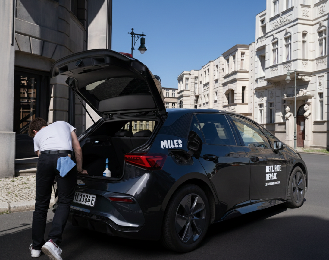 Person cleaning a car with MILES and RENT. RIDE. REPEAT. text.