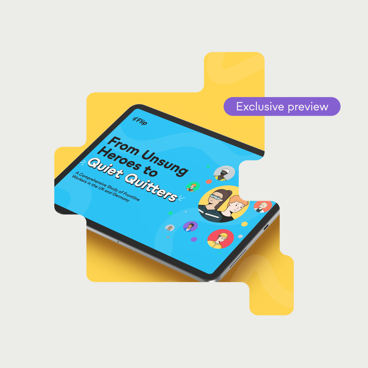 Tablet screen with From Unsung Heroes to Quiet Quitters Flip study preview, frontline focus.