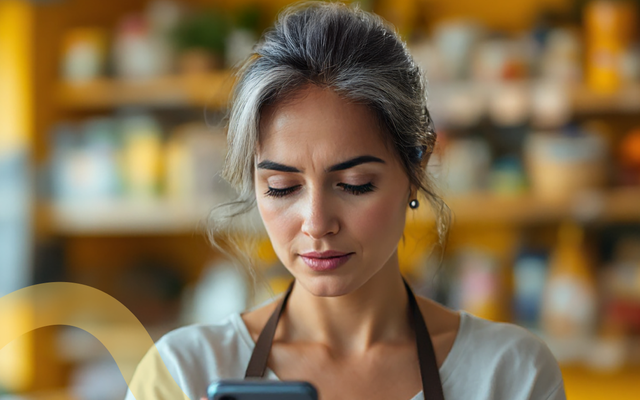 Woman with gray hair wearing an apron, looking at her phone in a cozy, blurred background setting.