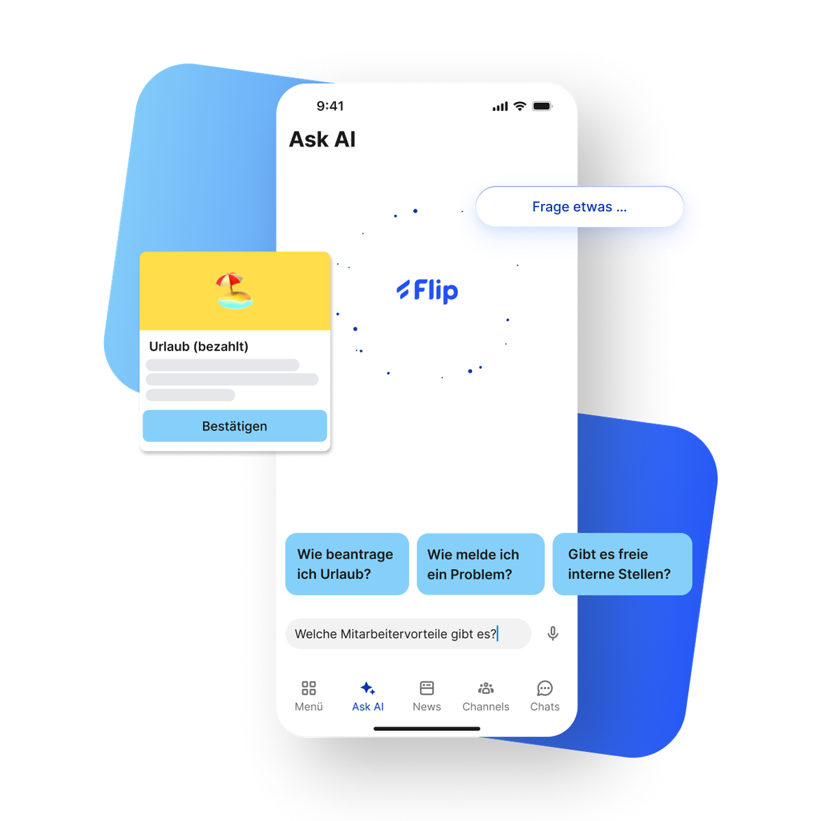 Flip Mitarbeiter App mit Ask AI, Urlaub (bezahlt), HR-Portal, Employee Experience Platform, Agentic AI.
