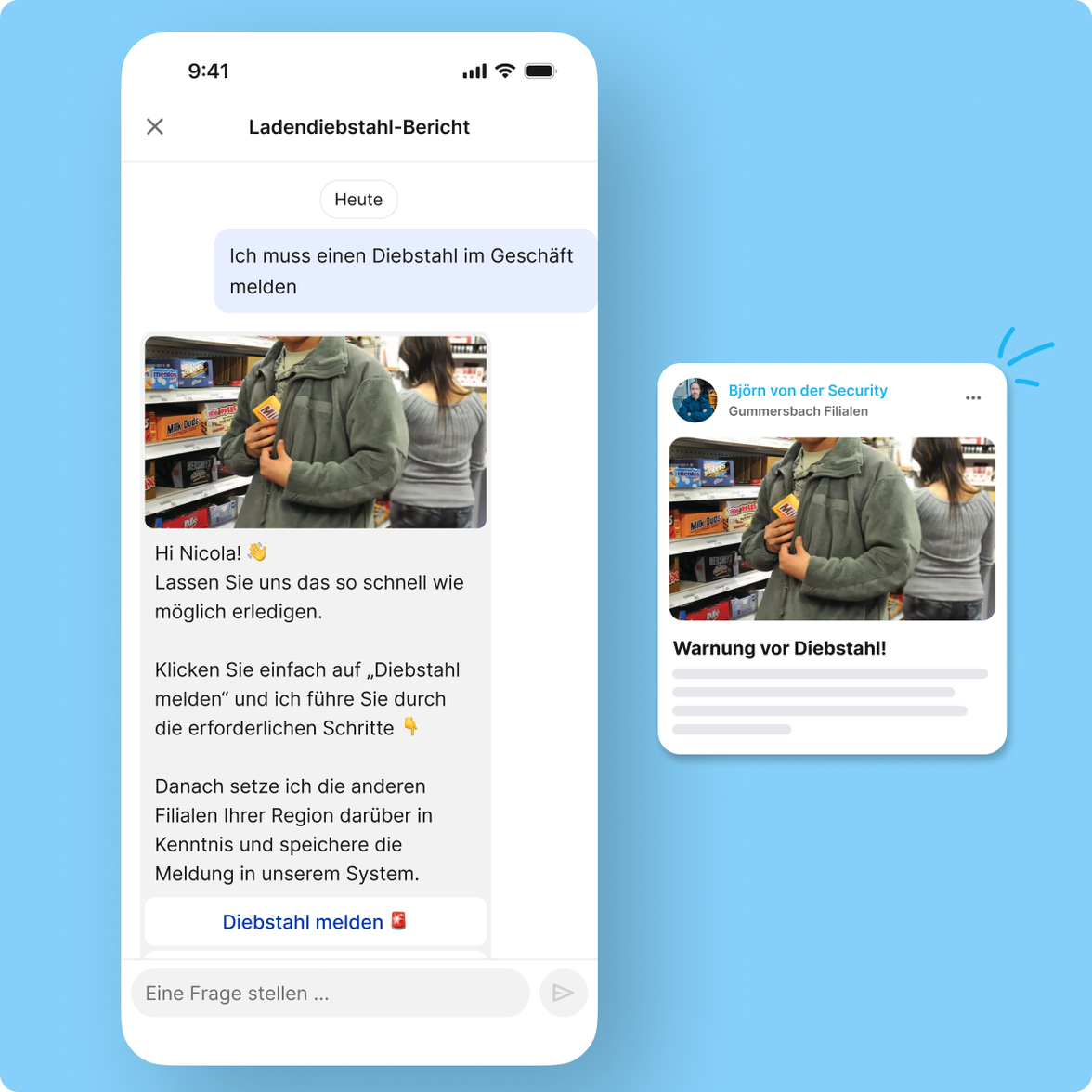 Mitarbeiter App zeigt Diebstahlmeldung mit Flip Flows, HR-Portal, Employee Experience Platform, Agentic AI.