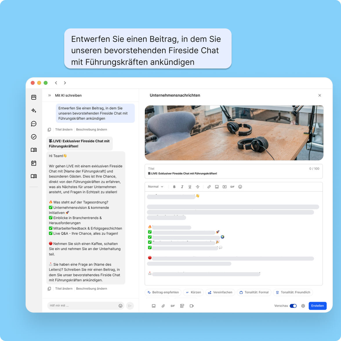 Mitarbeiterplattform UI mit KI-Textvorschlag, Flip Flows, Mitarbeiter App, HR-Portal, Employee Experience Platform.