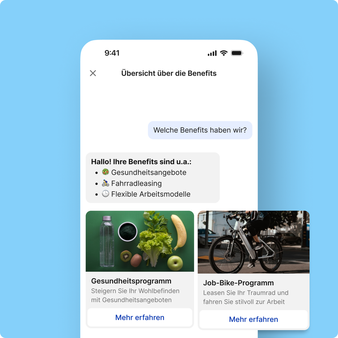 Mitarbeiterplattform zeigt Benefits wie Gesundheitsangebote, Fahrradleasing, flexible Arbeitsmodelle.