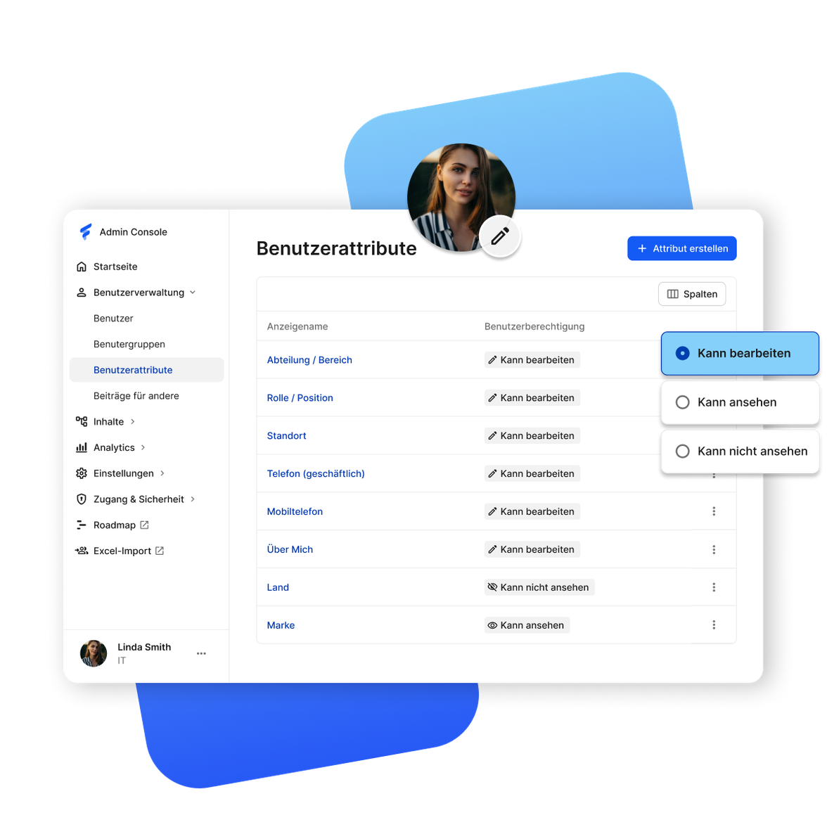 Benutzerattribute-UI der Mitarbeiterplattform mit Optionen für Kann bearbeiten, Flip Intelligence, HR-Portal.