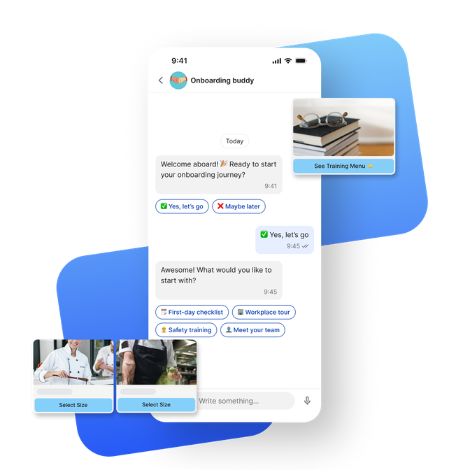 Employee App onboarding chat with options: First-day checklist, Workplace tour, Safety training.