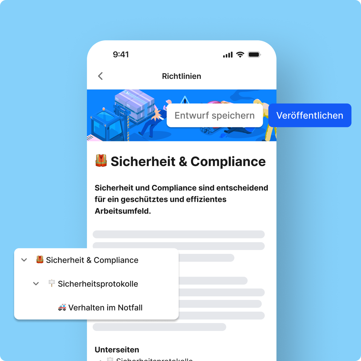 Mitarbeiterplattform UI zeigt Sicherheit & Compliance Richtlinien, HR-Portal, Employee App, Intranet.