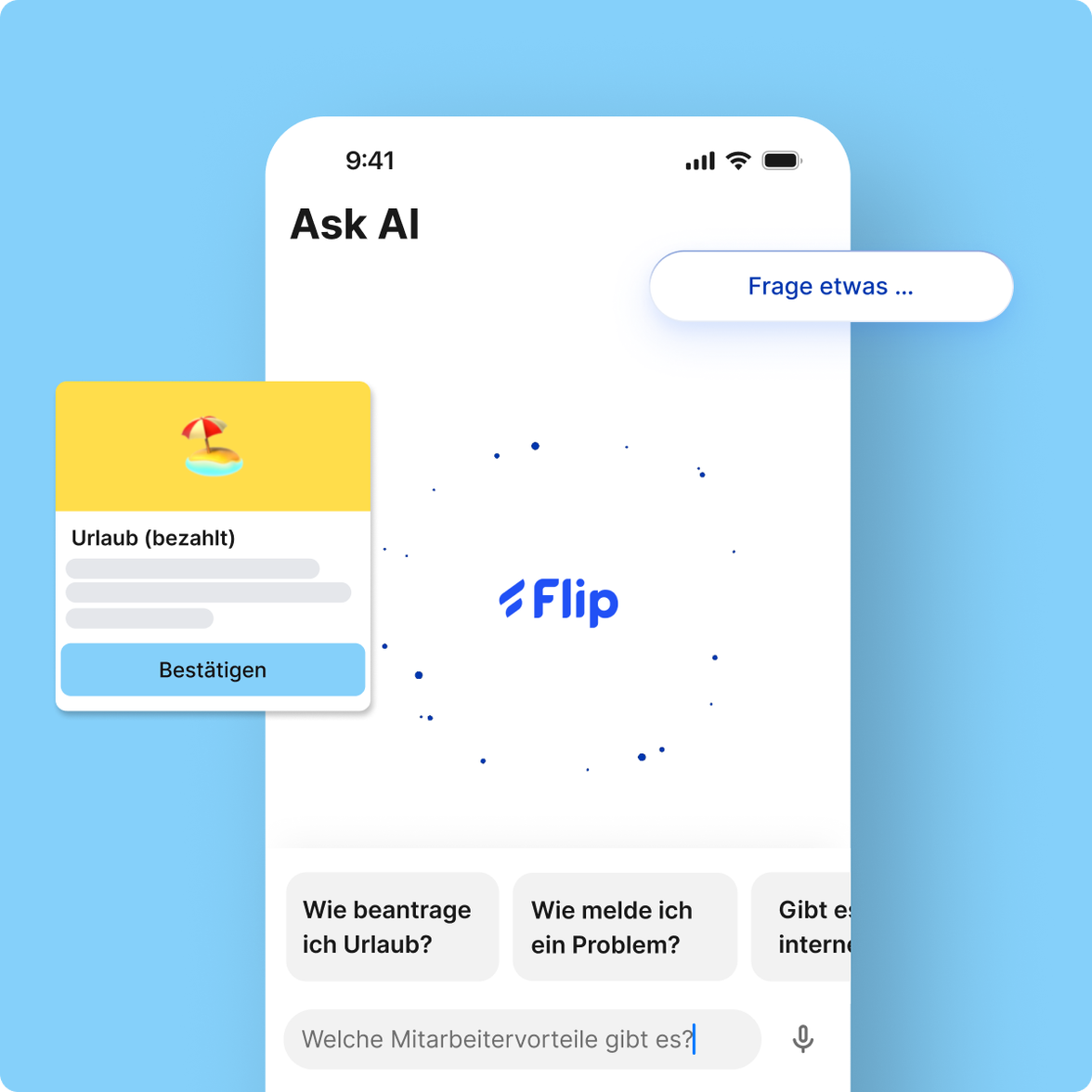Flip Intelligence Mitarbeiterplattform: Ask AI, Urlaub (bezahlt), Mitarbeiter App, HR-Portal, Frage etwas ...