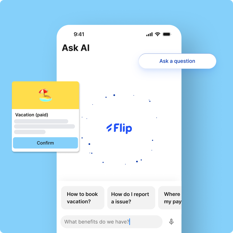 Flip Intelligence Ask AI interface for Employee App, HR-Portal, Agentic AI for frontline, vacation info.