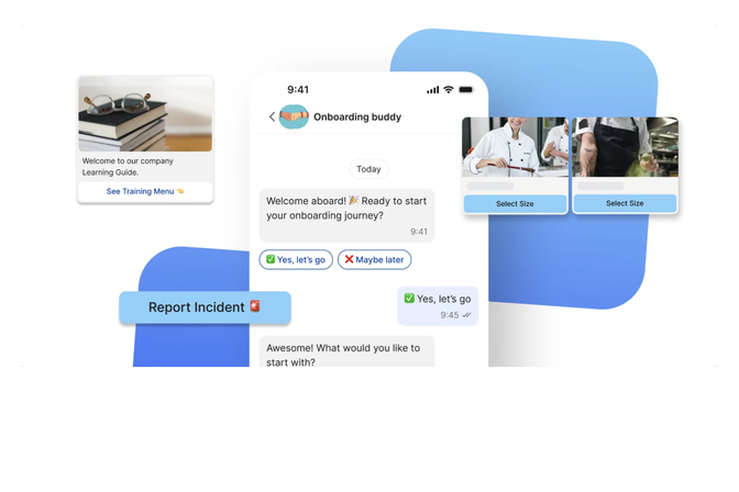 UI showing onboarding chat, training guide, and incident report options.