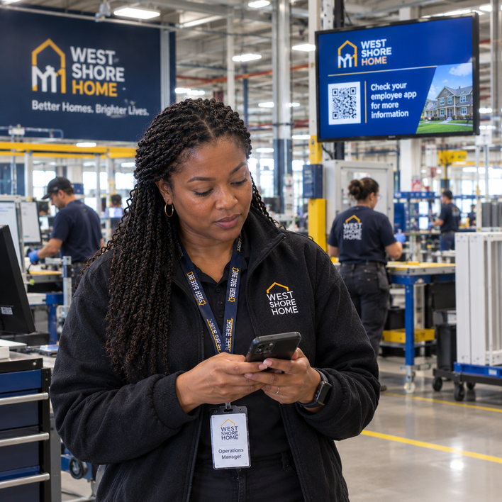 West Shore Home employee using phone in a factory setting.