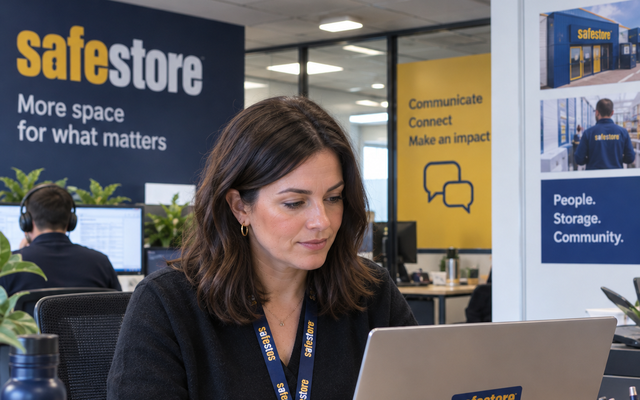 Woman working on laptop with Safestore branding; text includes Internal Communications.