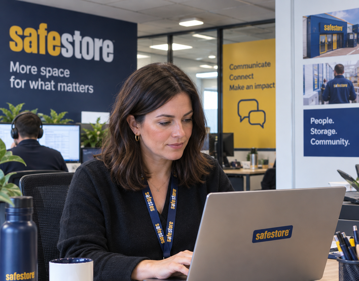 Woman working on laptop with Safestore branding; text includes Internal Communications.