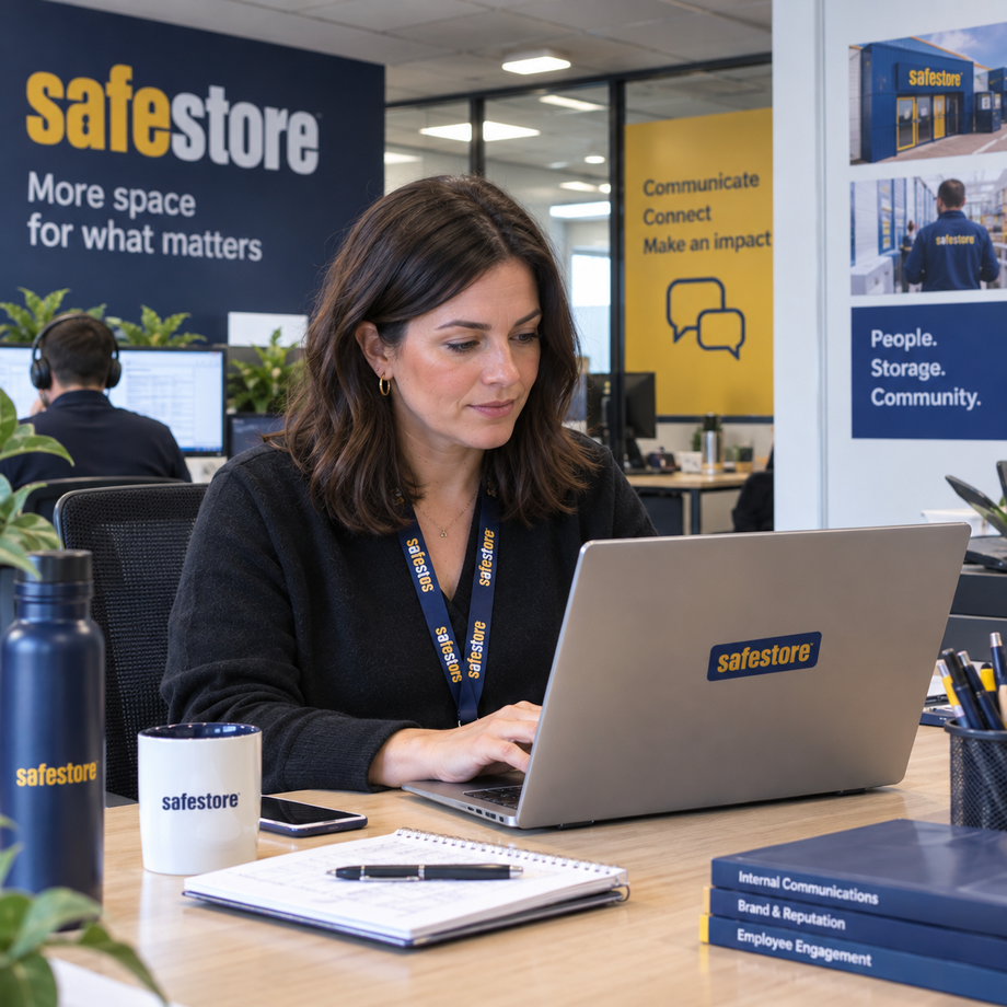 Woman working on laptop with Safestore branding; text includes Internal Communications.