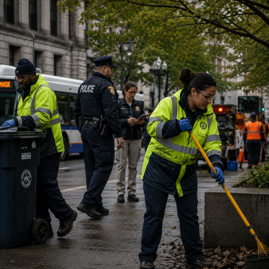 Public sector workers cleaning a city street.
