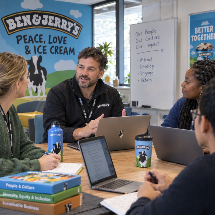 Group meeting at Ben & Jerrys with branding and laptops.
