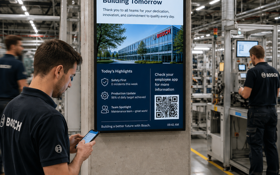 Digital signage in a factory showing Bosch updates and QR code.