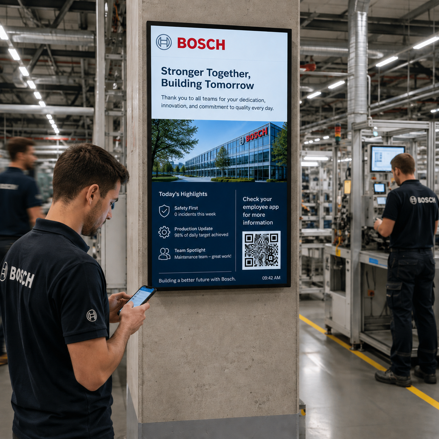 Digital signage in a factory showing Bosch updates and a QR code.