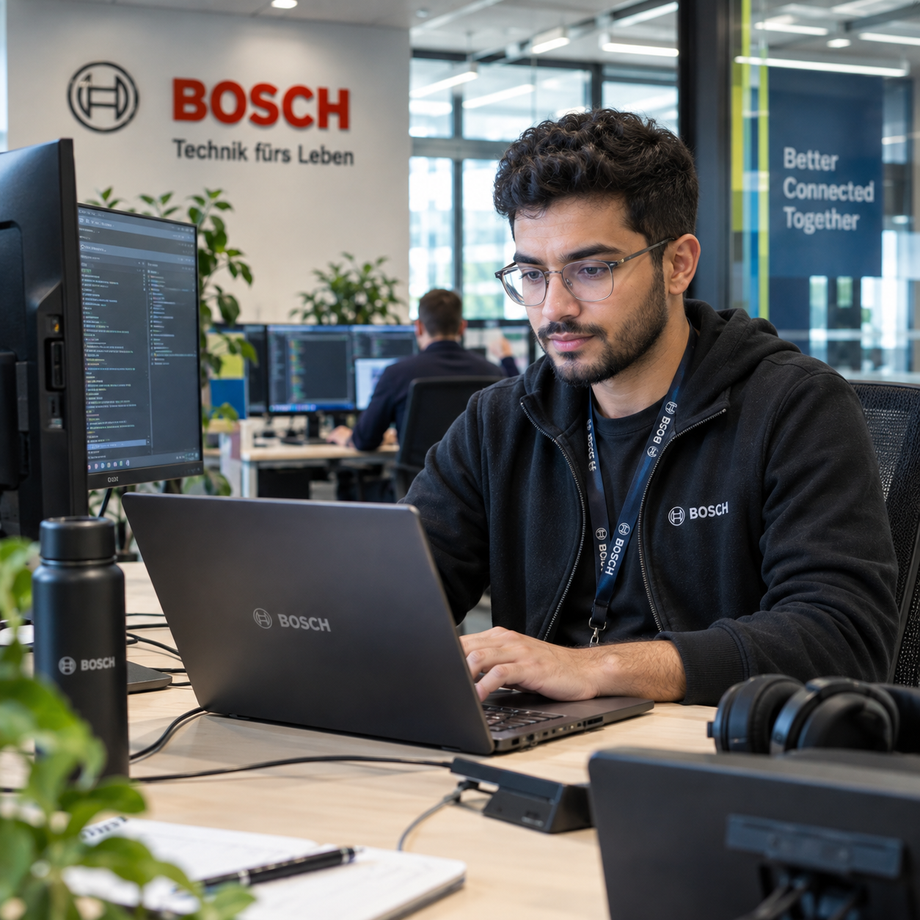 Person working on a laptop in a Bosch office with signage Technik fürs Leben.