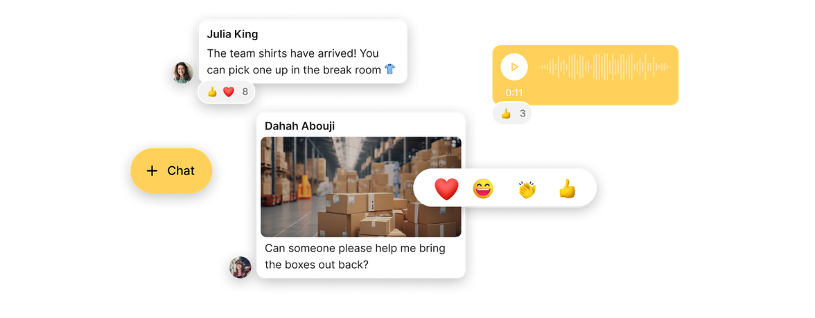 Employee App UI with chat, voice, reactions; empowers frontline via Employee Experience Platform.
