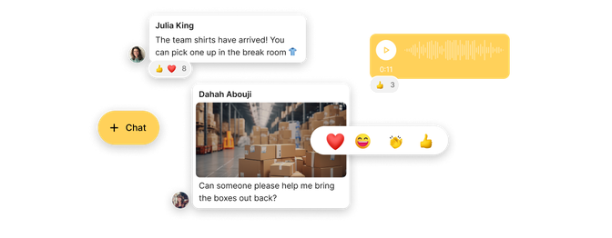 Screens of Flip's chat functionality including emoji reactions, likes, replies, embedded images, and voice messages.