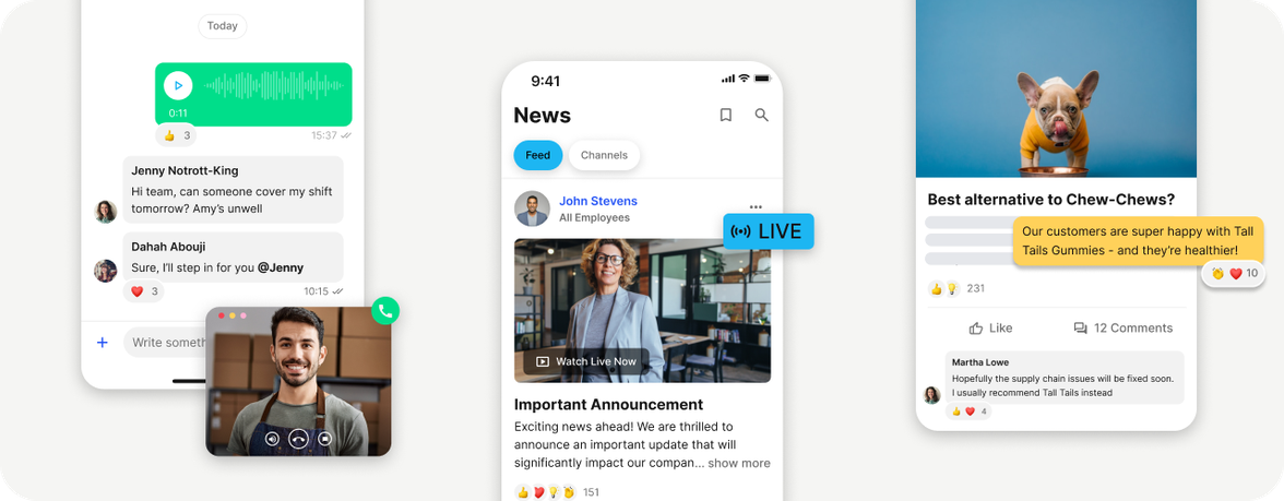 Employee Experience Platform UI: chat, news, HR-Portal, Employee App, Flip Flows, Employee Engagement.