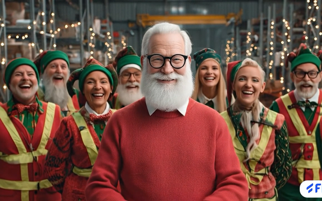 Santa and elves smiling in a festive warehouse setting.