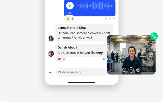 Messaging interface with voice note and video call features for employee communication.