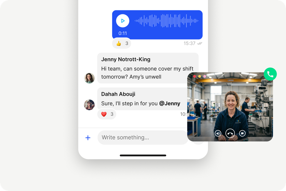 Messaging interface with voice note and video call features for employee communication.