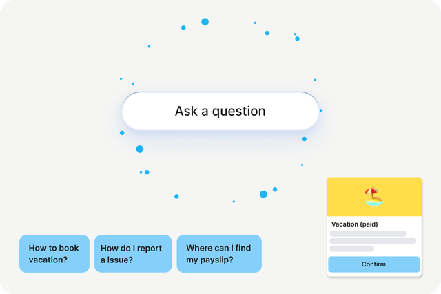 Employee App UI with Ask a question, Flip Intelligence, HR-Portal, Employee Experience Platform.