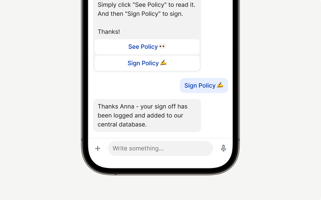Mobile screen showing policy sign-off via chat interface