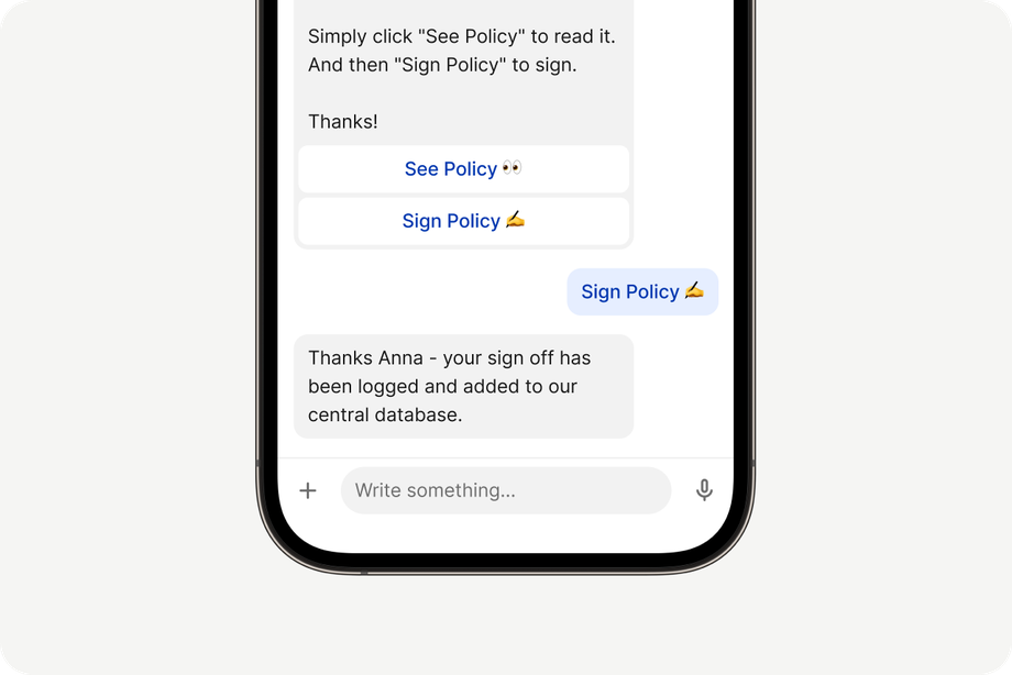 Mobile screen showing policy sign-off via chat interface