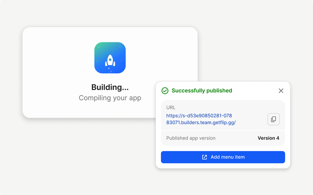 App building and publishing status with progress message and URL.