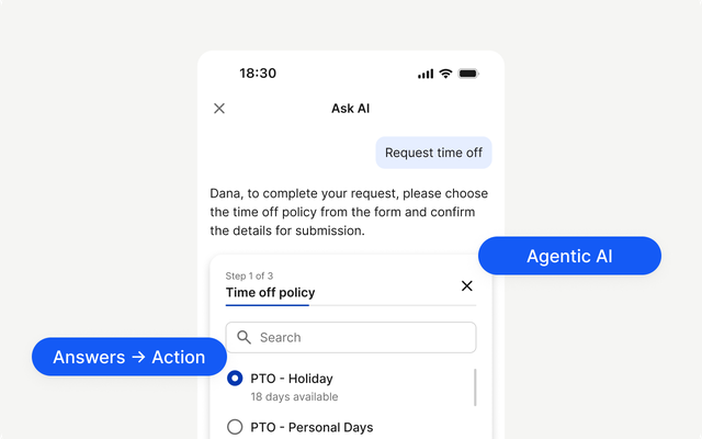 AI-assisted time off request interface with options for PTO policies.