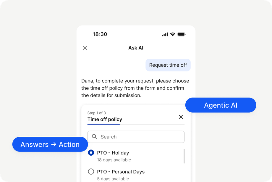 AI-assisted time off request interface with options for PTO policies.