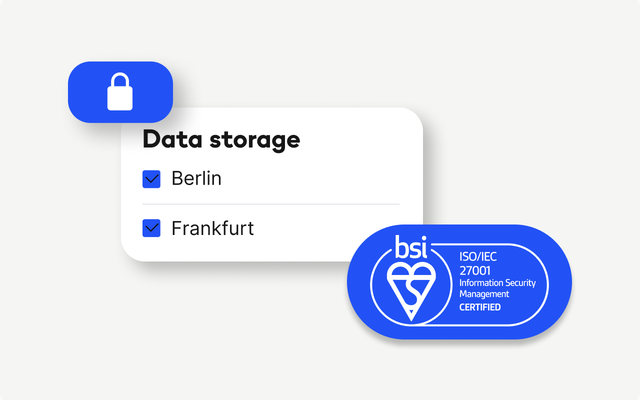 Security icon with Data storage: Berlin, Frankfurt and ISO/IEC 27001 certification.
