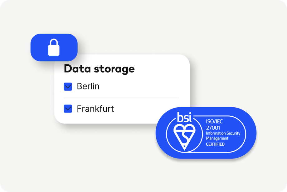 Security icon with Data storage: Berlin, Frankfurt and ISO/IEC 27001 certification.