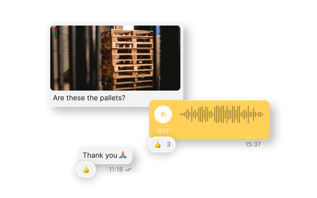 Chat UI with image, voice message, and text: Are these the pallets?, Thank you 🙏, 👍.
