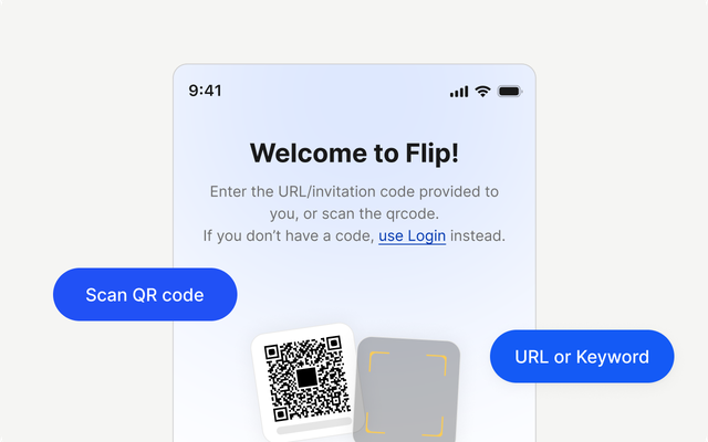 Welcome to Flip! QR code and login options on a B2B-SaaS platform.