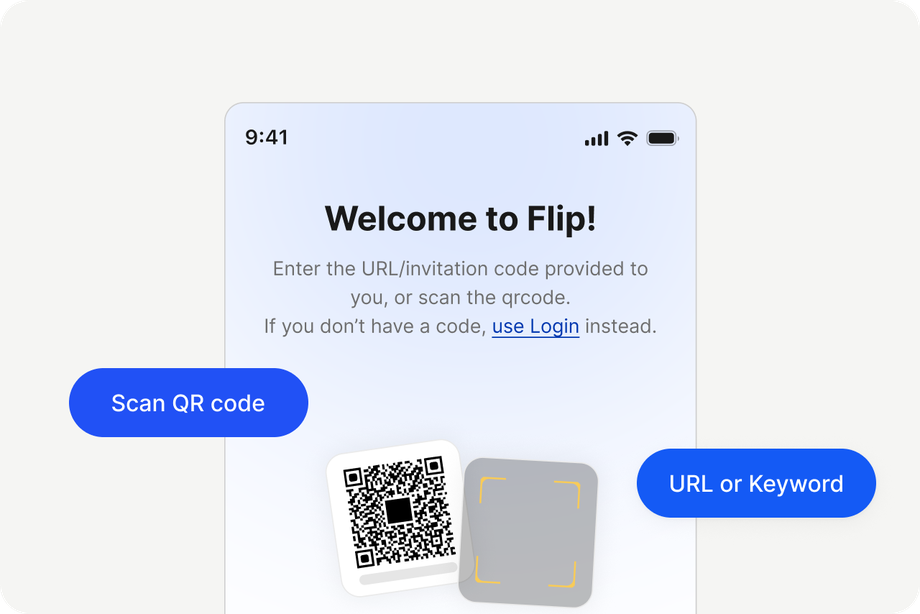 Welcome to Flip AI! QR code and login options on a B2B-SaaS platform.