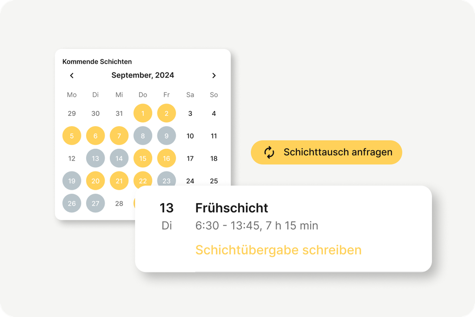 Kalenderansicht mit Schichtplanung, Schichttausch anfragen; Mitarbeiterplattform, HR-Software.