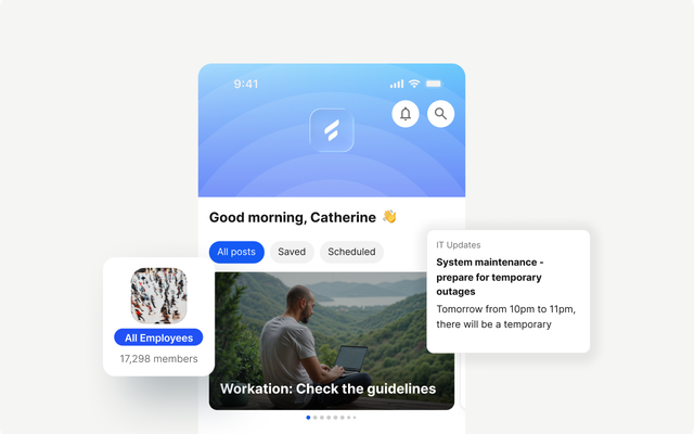 B2B-SaaS UI empowering employees with posts and IT updates.