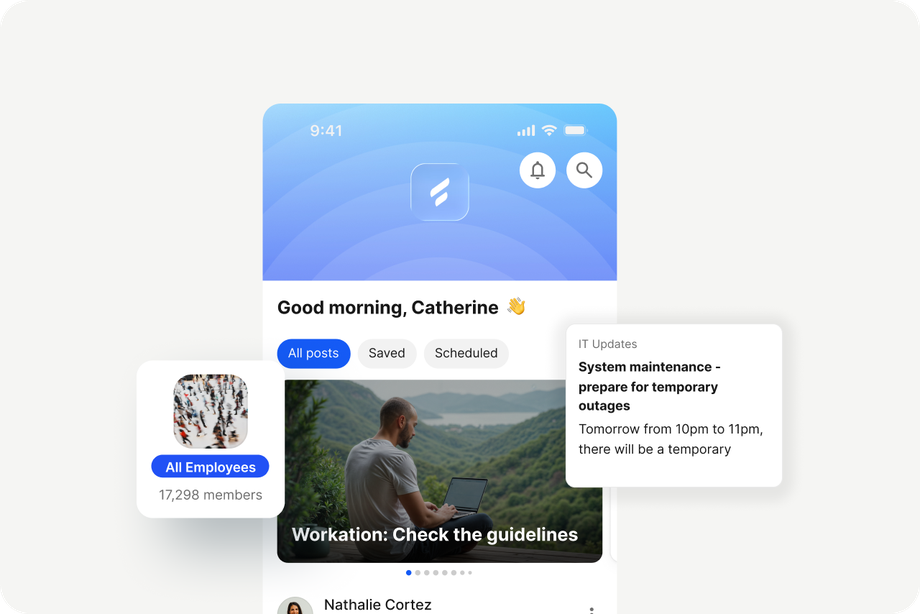 B2B-SaaS UI empowering employees with posts and IT updates.