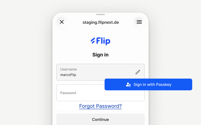 Login screen with username, password, and Sign in with Passkey.